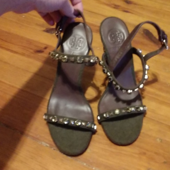 Tory Burch wedge green wool size6 sandles - Picture 1 of 4